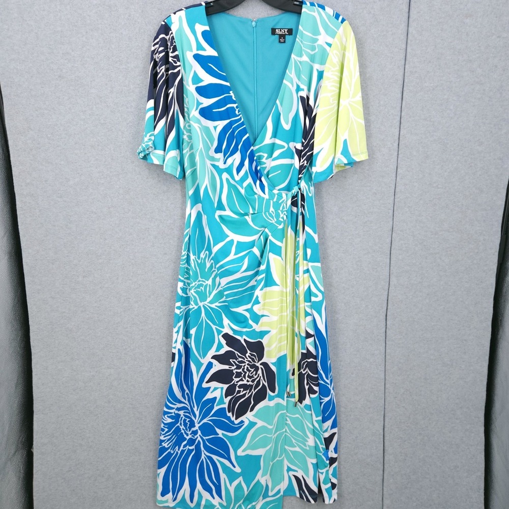 SLNY SL Fashions Printed Faux Wrap Floral Blue Short Sleeve Dress Womens Size 6